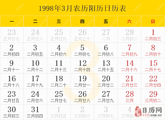 1998年日历表,1998年农历表（阴历阳历节日对照表）